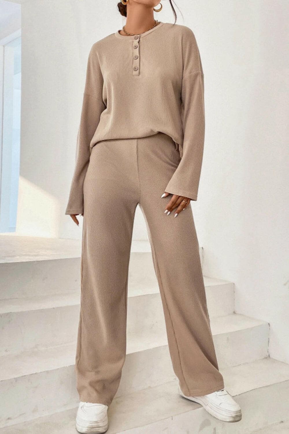 Ribbed Half Button Top and Pants Set.