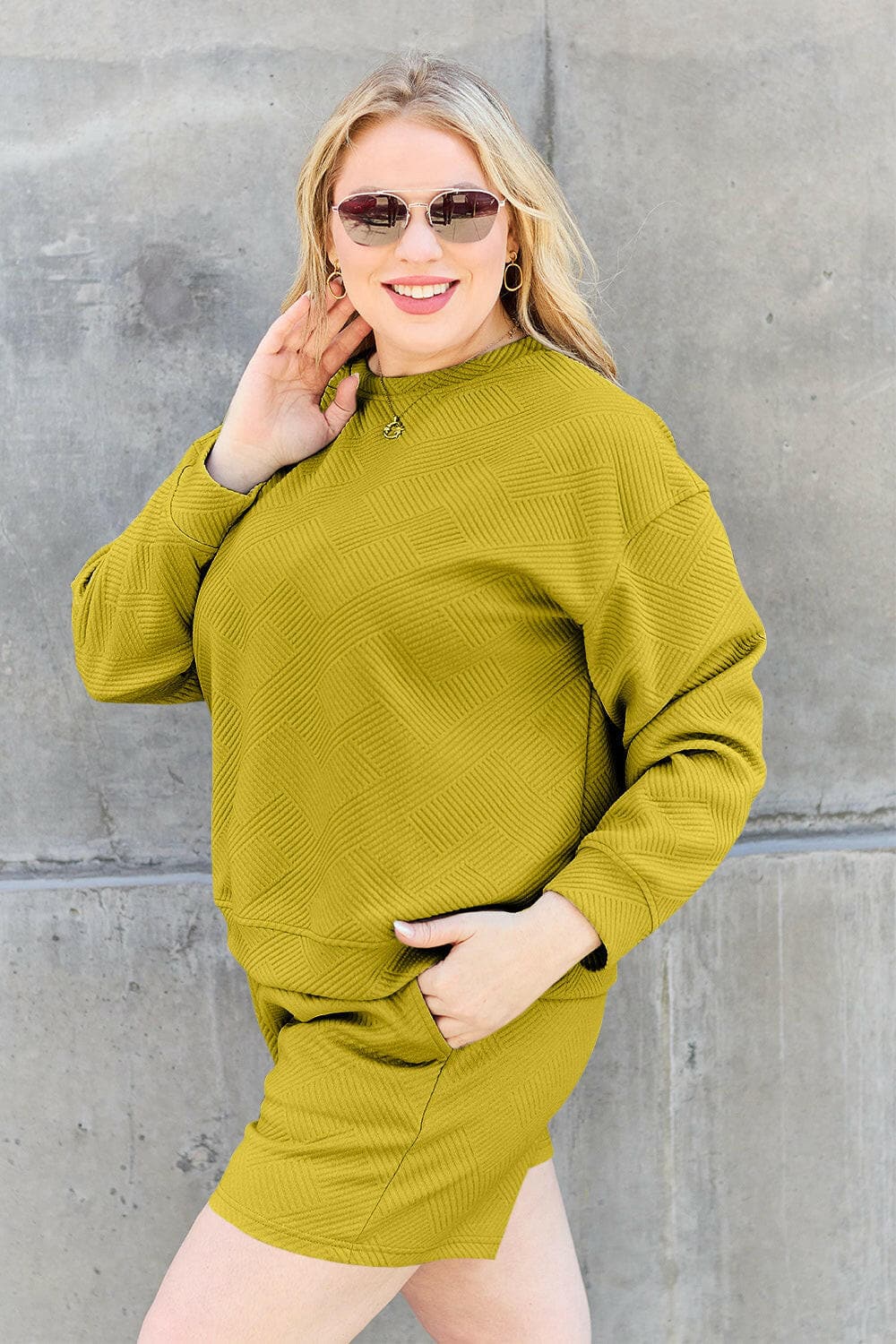 Double Take Full Size Texture Long Sleeve Top and Drawstring Shorts SeElevate Your Loungewear with Our Double Take Set
 Step into comfort and style with the Double Take Full Size Texture Long Sleeve Top and Drawstring Shorts Set. This Love Salve Full Size Texture Long Sleeve Topusa