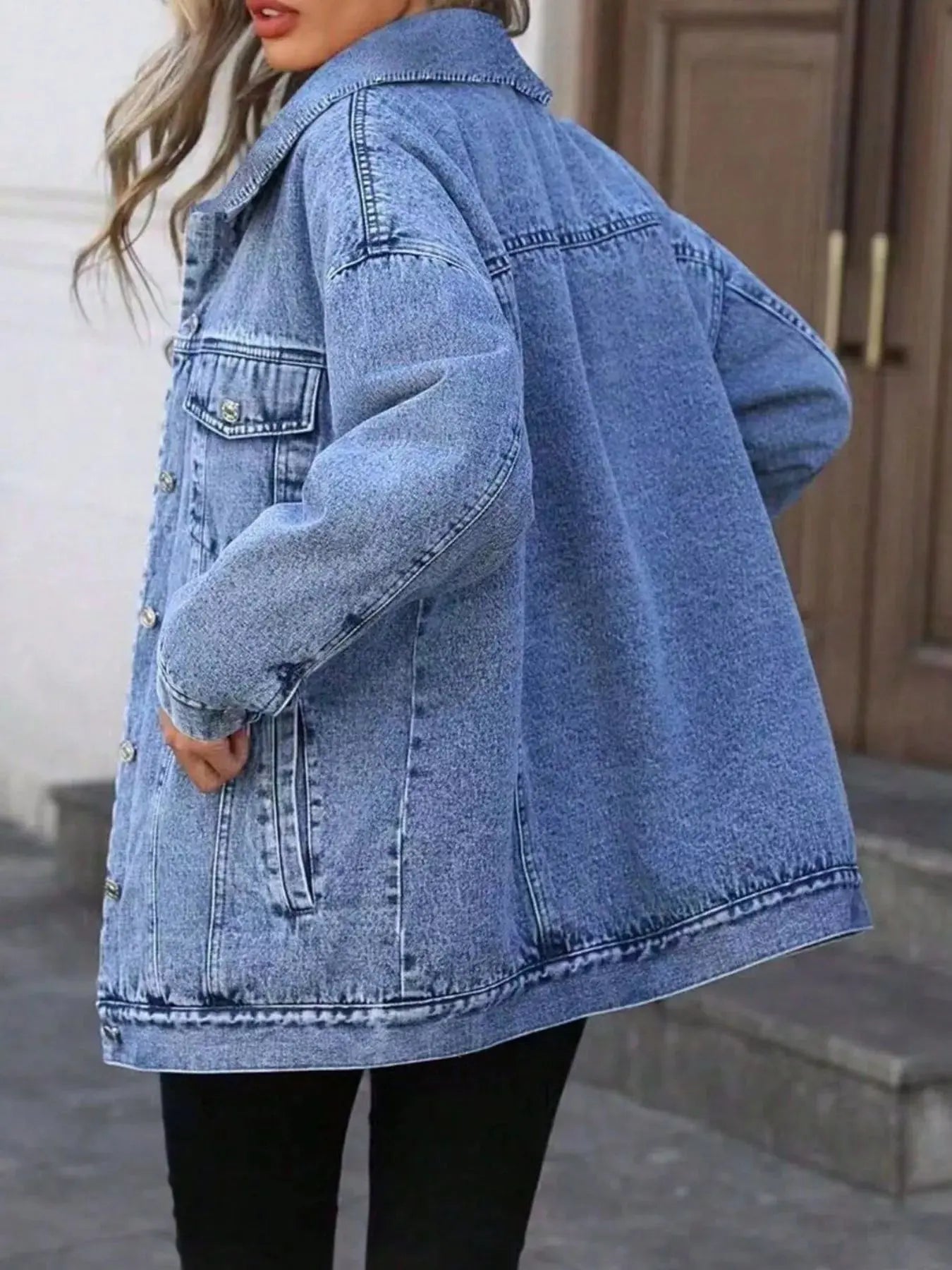 Washed Oversized Denim Jacket With Button Front And Pockets Simply Love