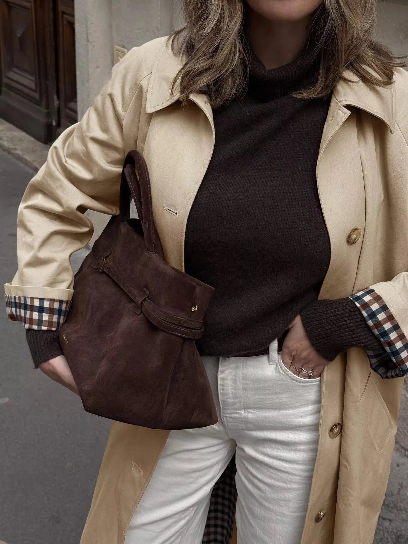 Checkered Lining Button Up Trench Coat Simply Love