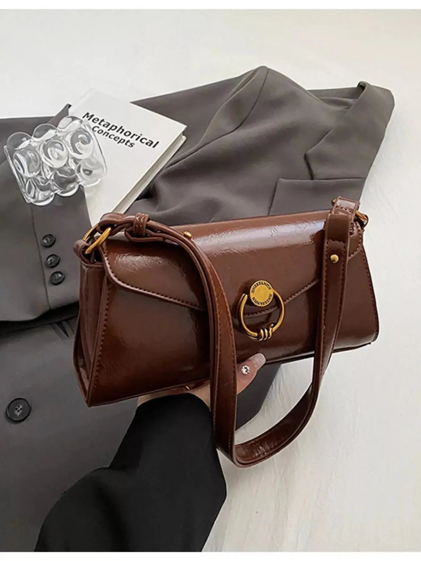 Small PU Leather Retro Ring Decor Shoulder Bag Gold Ring Accent Simply Love