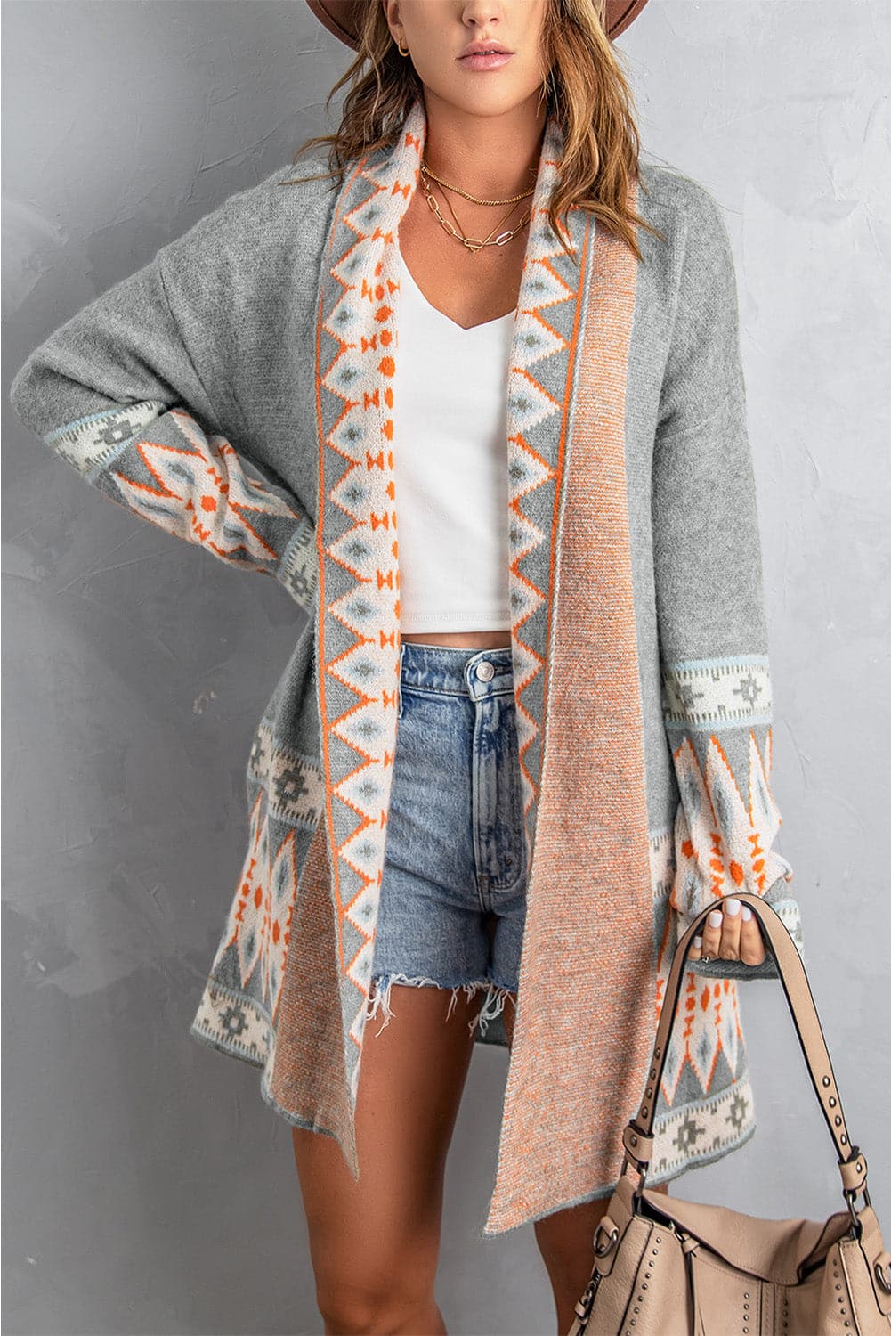 Geometric Open Front Long Sleeve Cardigan.