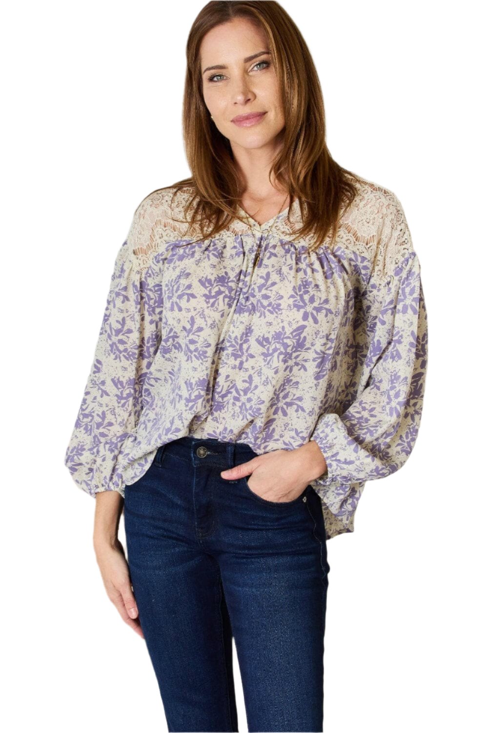 Hailey & Co Full Size Lace Detail Printed BlouseExperience Elegance and Style
 The Hailey &amp; Co Full Size Lace Detail Printed Blouse is the perfect combination of delicate lace accents and vibrant prints, makinLove Salve Full Size Lace Detail Printed BlouseBlouses