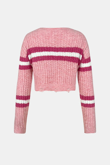 Cable-Knit Striped Dropped Shoulder Sweater.