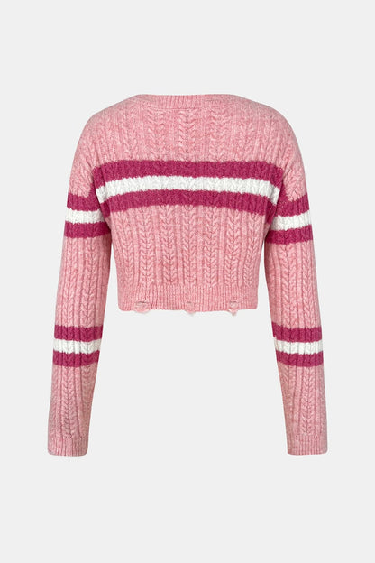 Cable-Knit Striped Dropped Shoulder Sweater.