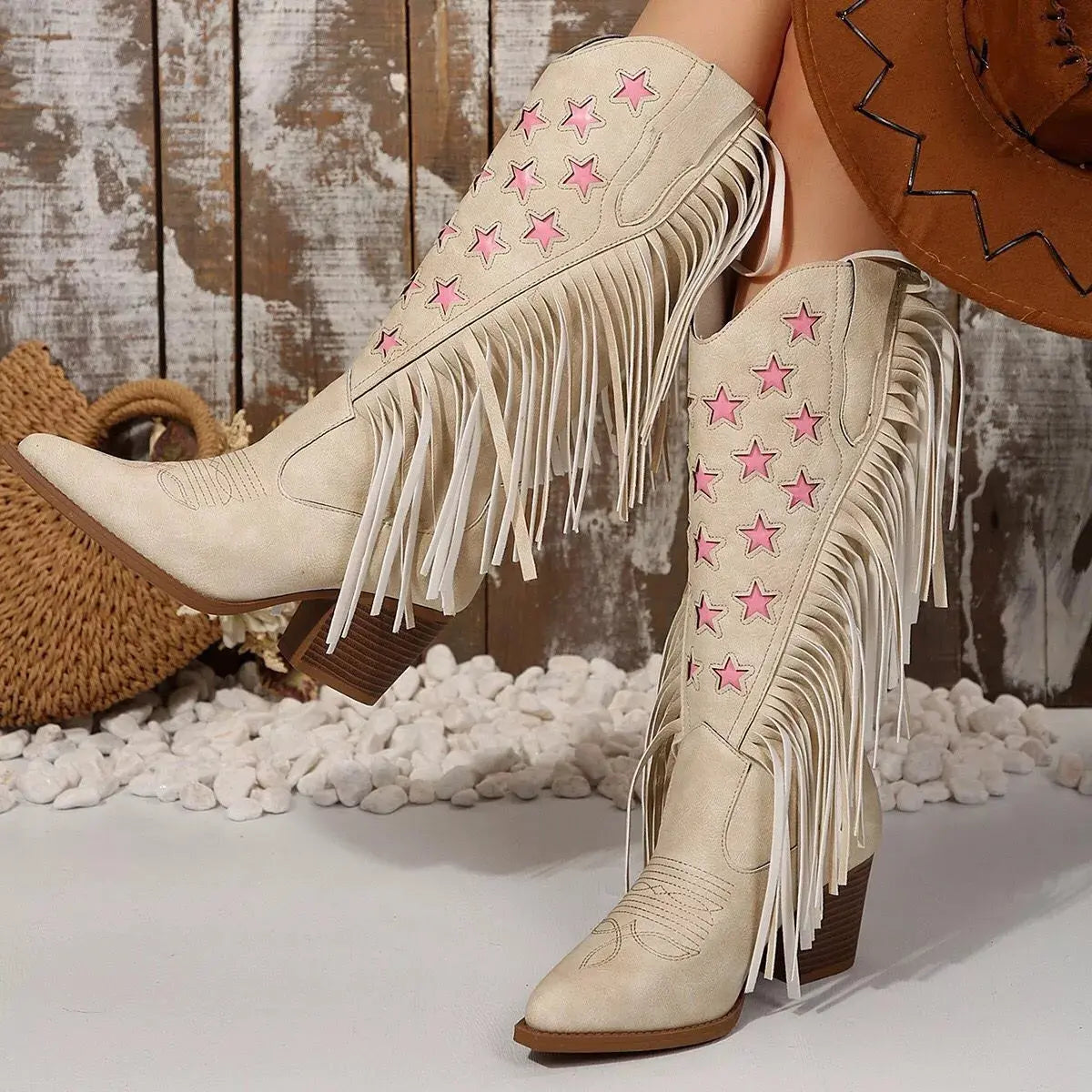 Star Fringe Block Heel Boots Simply Love