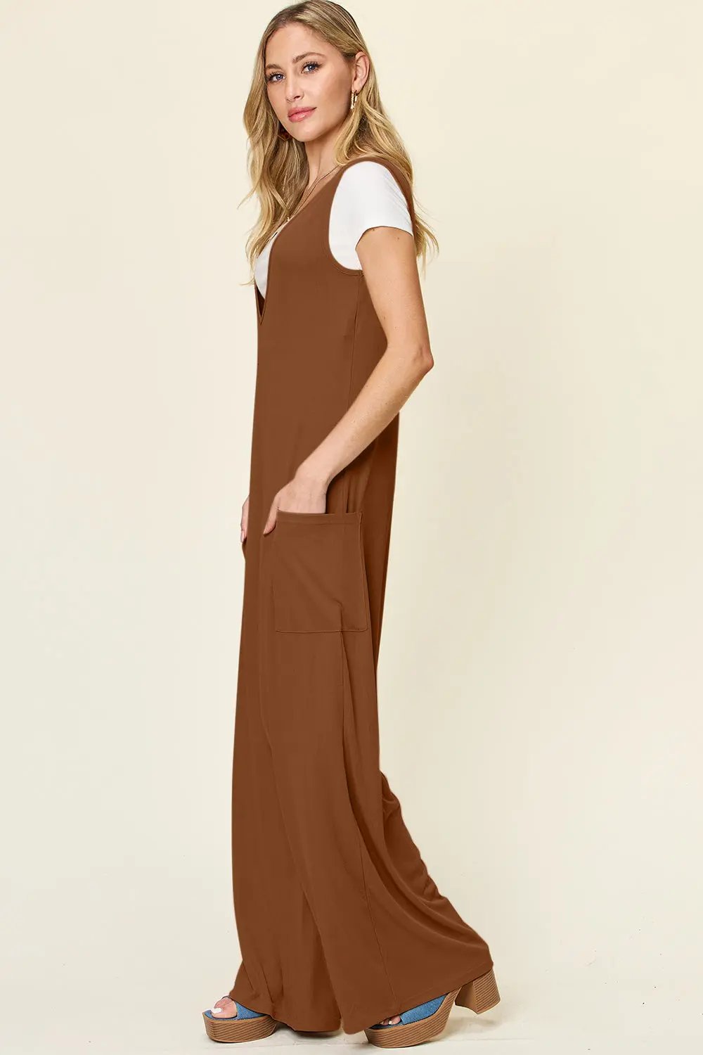 Double Take Full Size Sleeveless Wide Leg Jumpsuit with Pockets - Love Salve