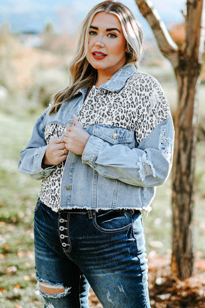 Plus Size Leopard Raw Hem Distressed Spliced Denim Jacket.