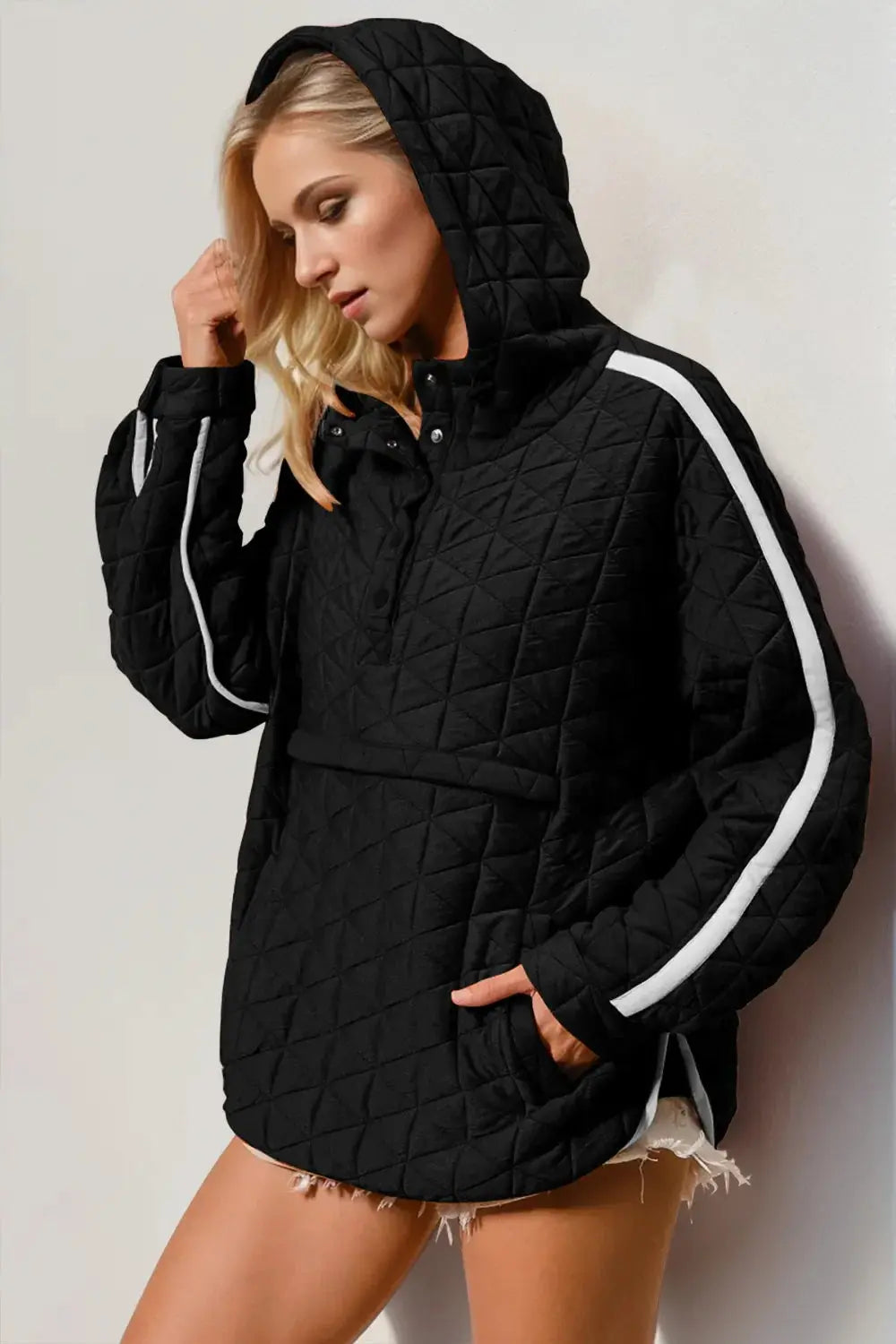 Double Take Contrast Trim Long Sleeve Half Snap Texture Hoodie with Pocket - Love Salve