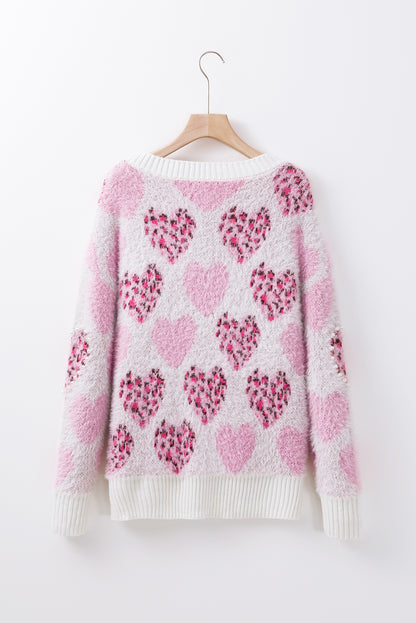 Pink Heart Leopard Print Pearled Ribbed Trim Fuzzy Sweater