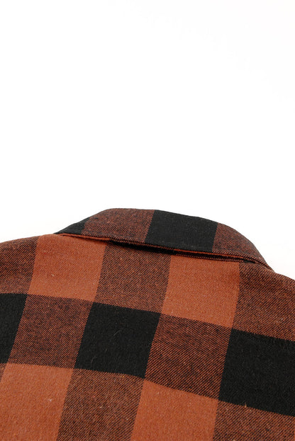 Chic brown plaid shirt coat with turn-down collar