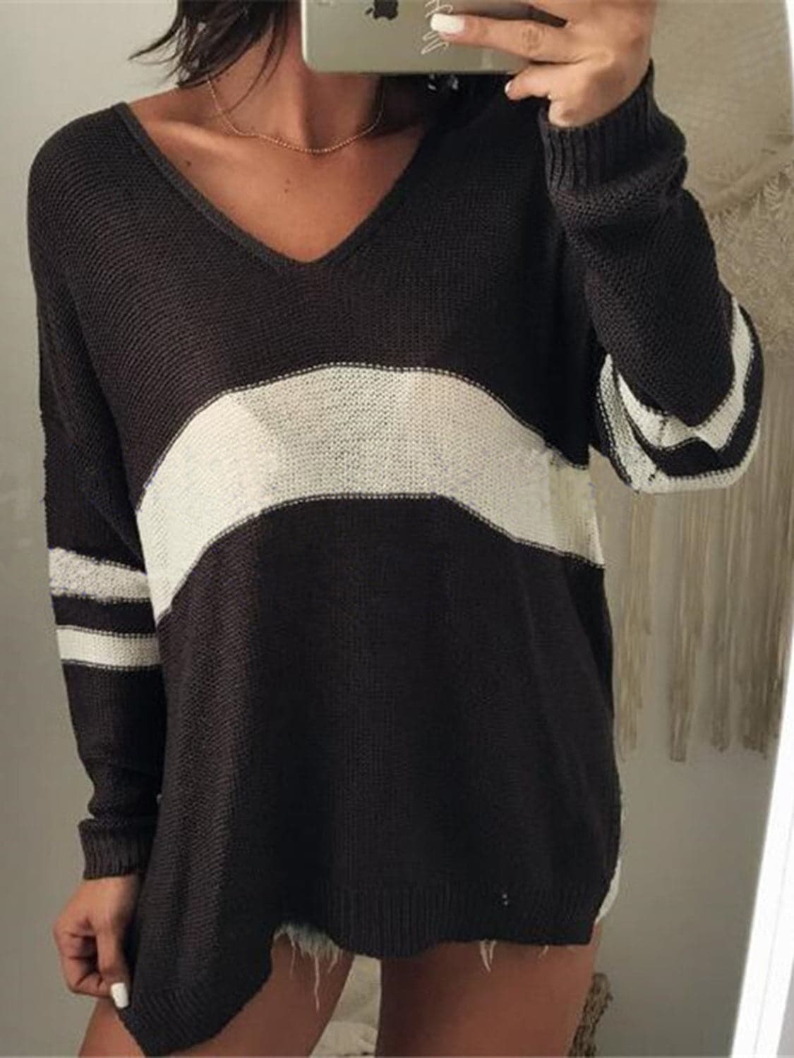 Striped V-Neck Long Sleeve Sweater.