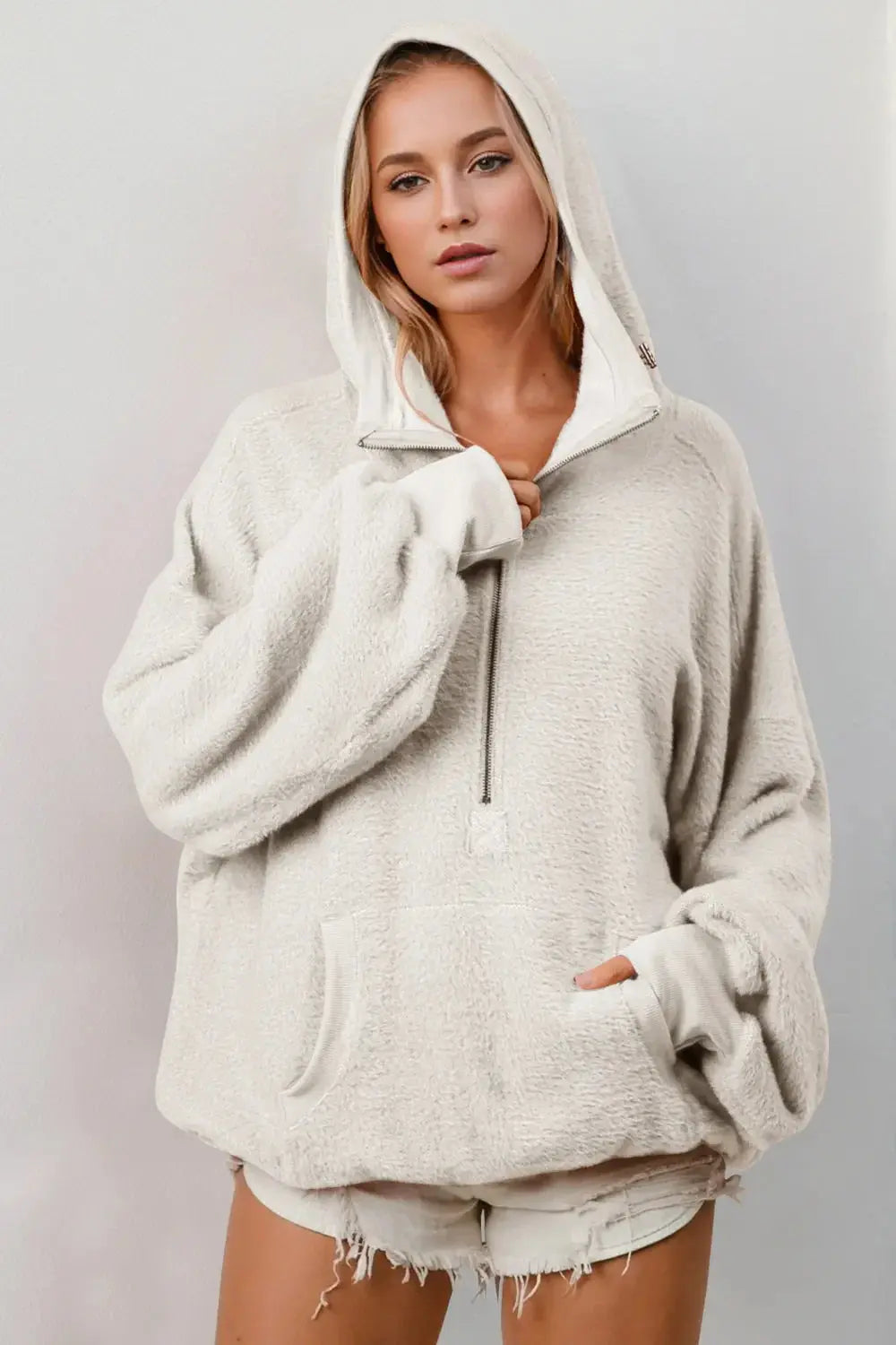 Double Take Full Size Half Zip Long Sleeve Hoodie with Kangaroo Pocket - Love Salve