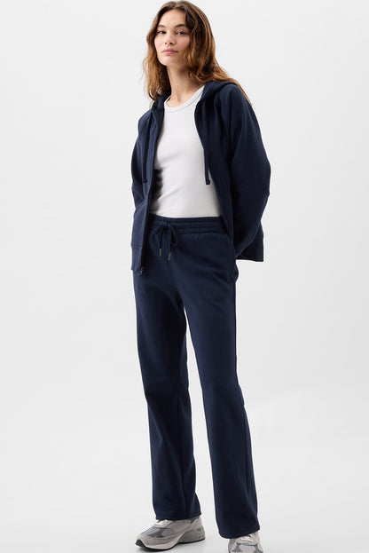 Navy blue drawstring casual straight pants with pockets