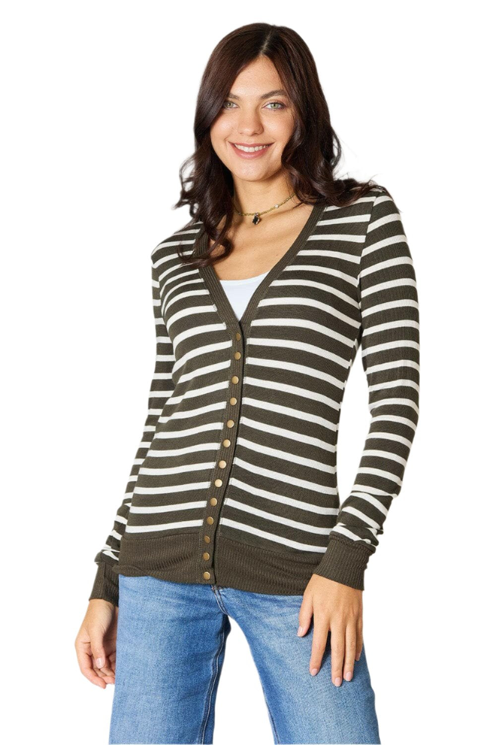 Zenana Full Size Striped Snap Down Cardigan.