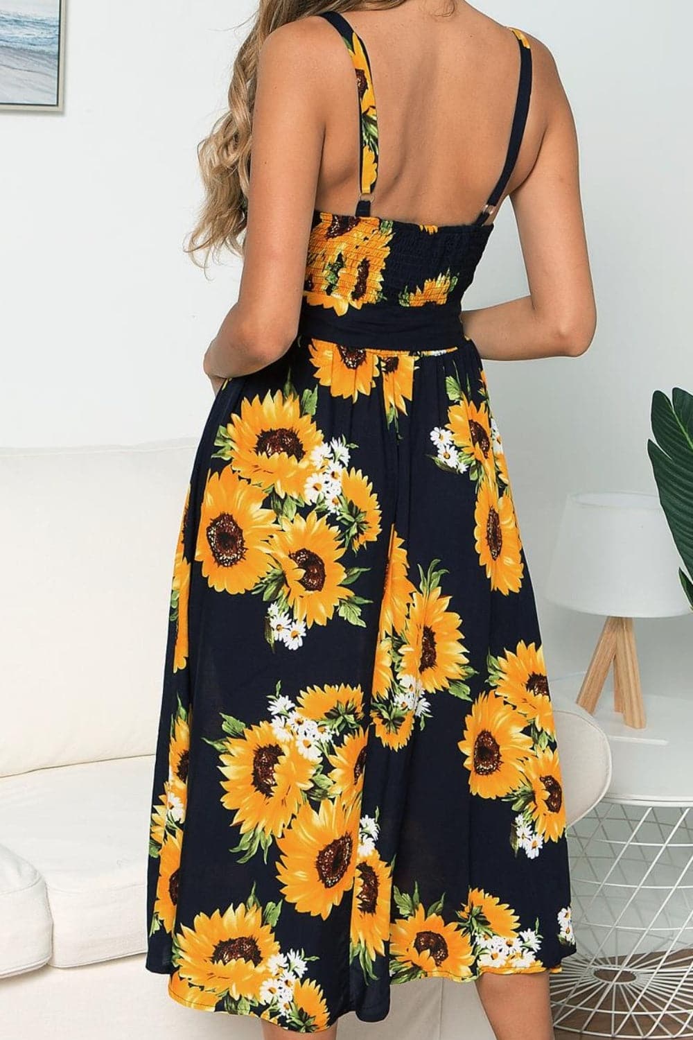 Smocked Sunflower Printed Sleeveless Cami Dress.