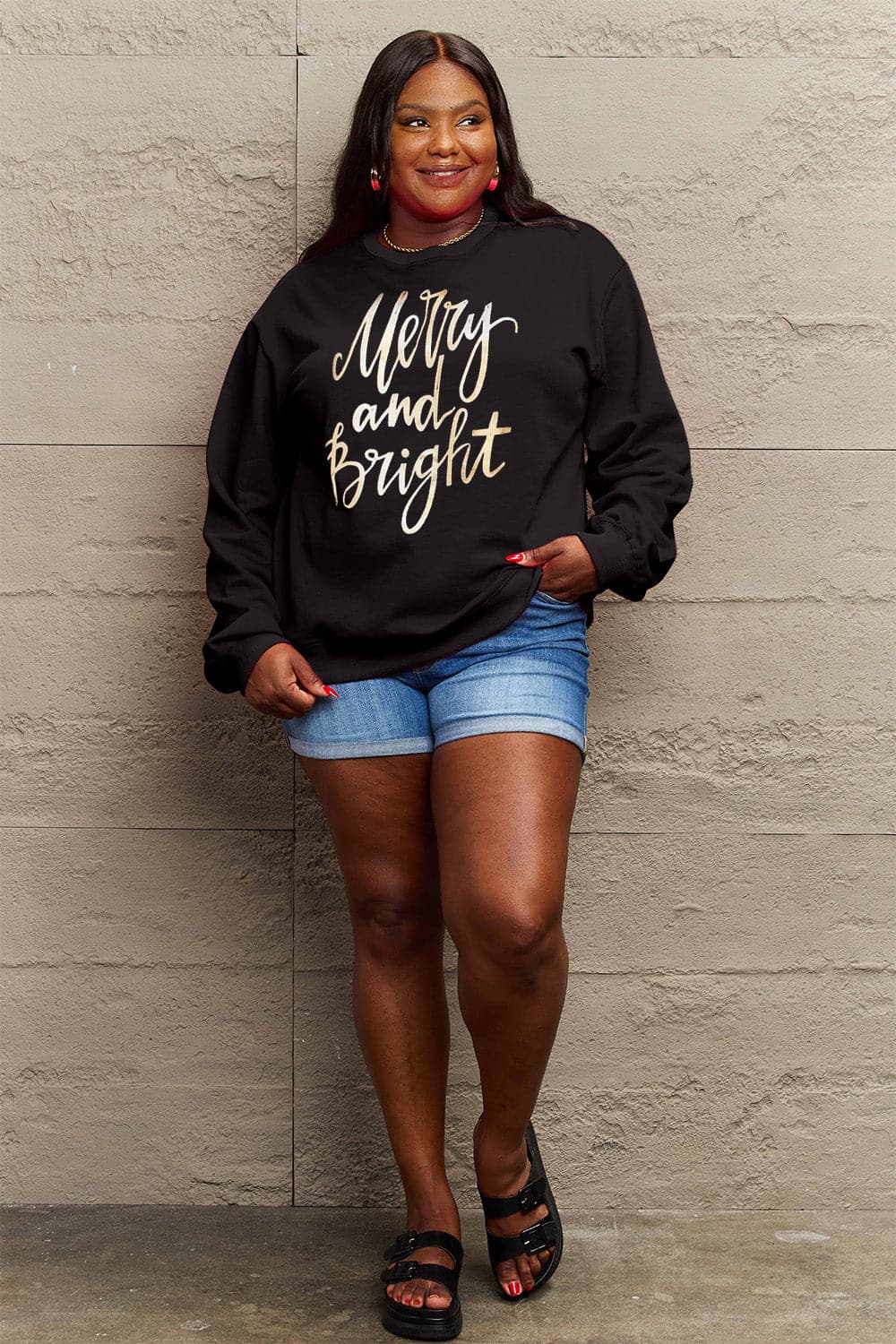 Simply Love Full Size MERRY AND BRIGHT Graphic Sweatshirt.