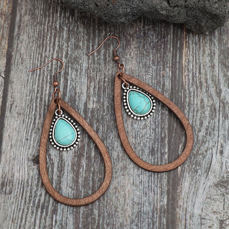 Wooden Turquoise Cutout Teardrop Earrings.