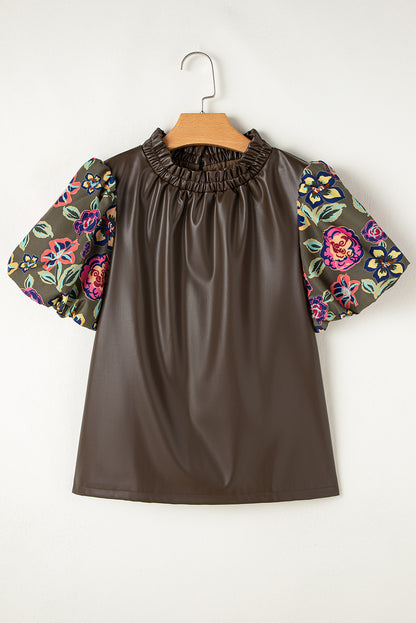 Faux Leather Floral Bubble Sleeve Shift Blouse with Frilled Stand Neck in Four Leaf Clover