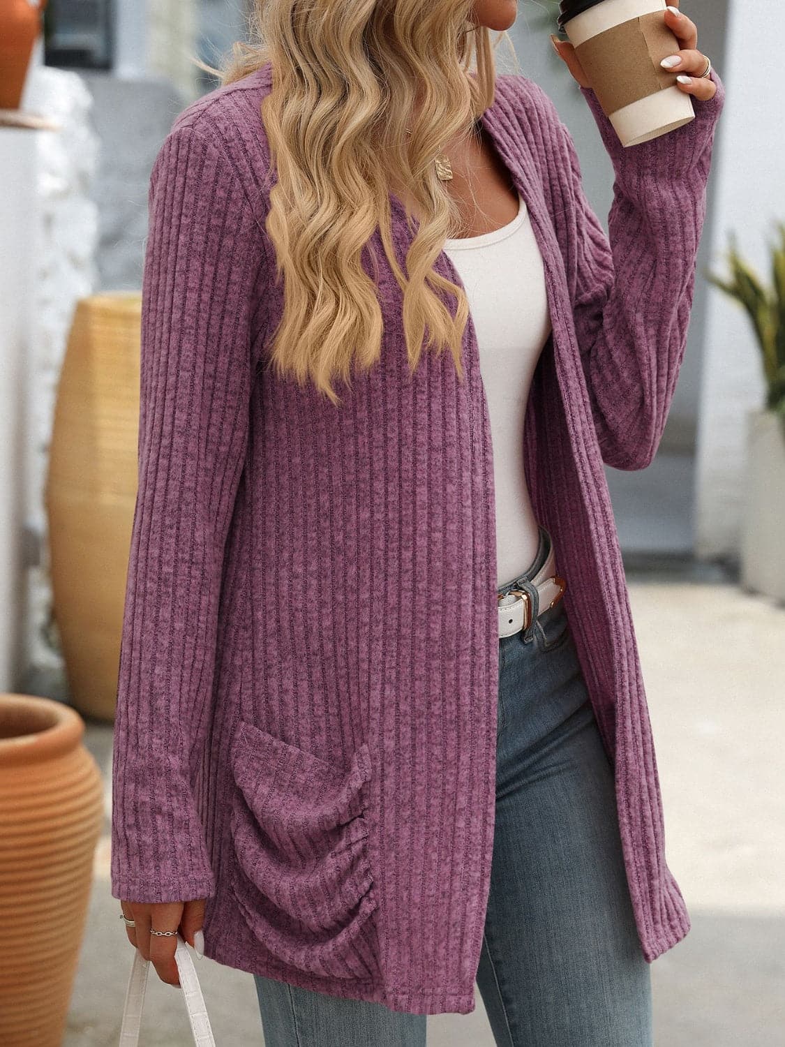 Open Front Long Sleeve Ribbed Cardigan.