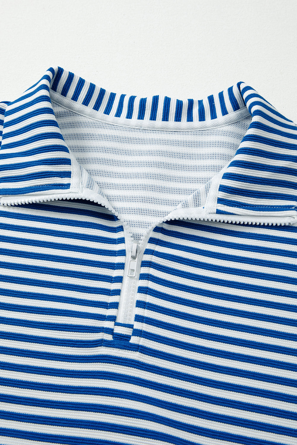 Premium Blue Stripe Quarter Zip Collar Pullover Long Sleeve Top