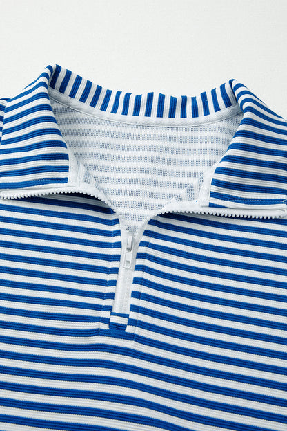 Premium Blue Stripe Quarter Zip Collar Pullover Long Sleeve Top