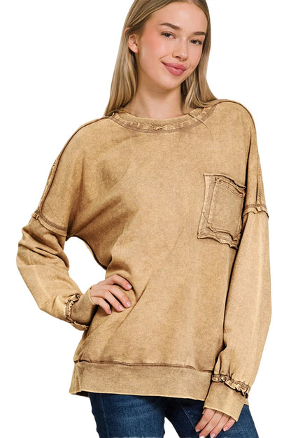 Trendy exposed seam round neck sweatshirt with dropped shoulders