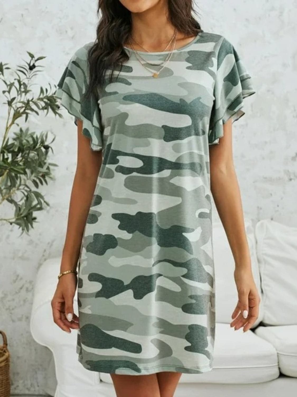 Camouflage Round Neck Short Sleeve Mini Dress.