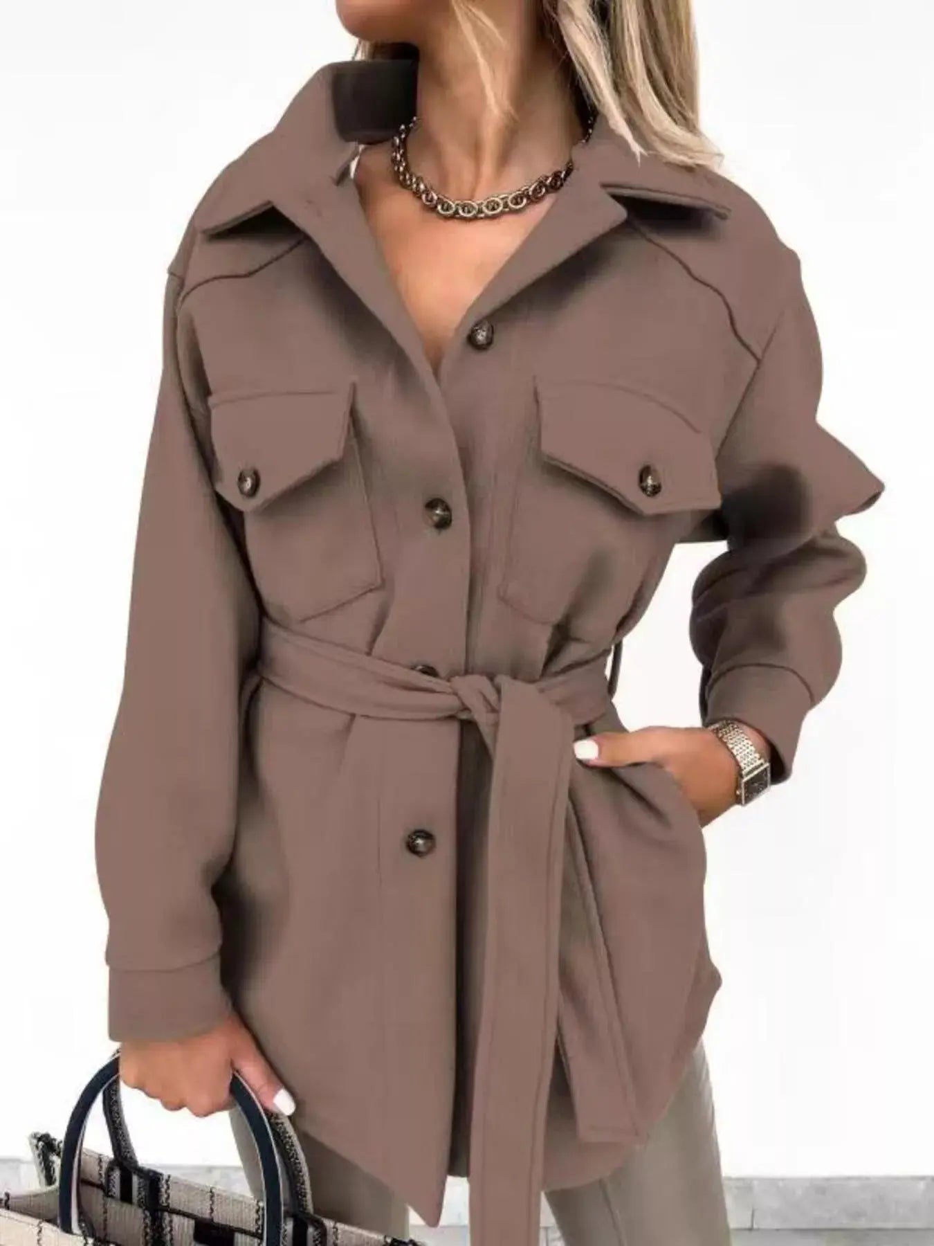 Button-Down Tie Waist Coat Simply Love