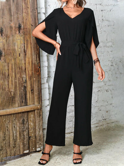 Tied V-Neck Half Sleeve Wide Leg Jumpsuit.