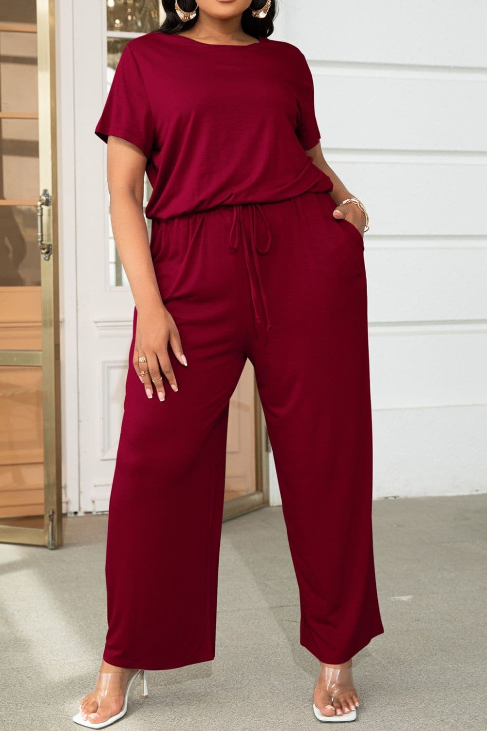 Plus Size Drawstring Waist Short Sleeve Jumpsuit.