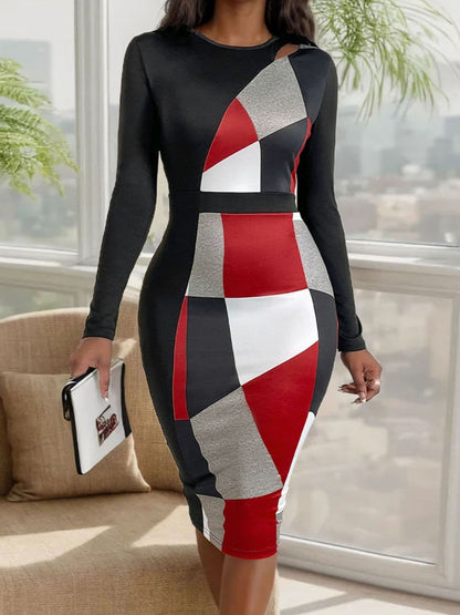 Cutout Color Block Round Neck Long Sleeve Dress.