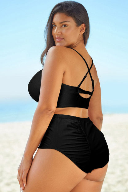 Full Size Halter Neck Crisscross Ruched Two-Piece Swimsuit.