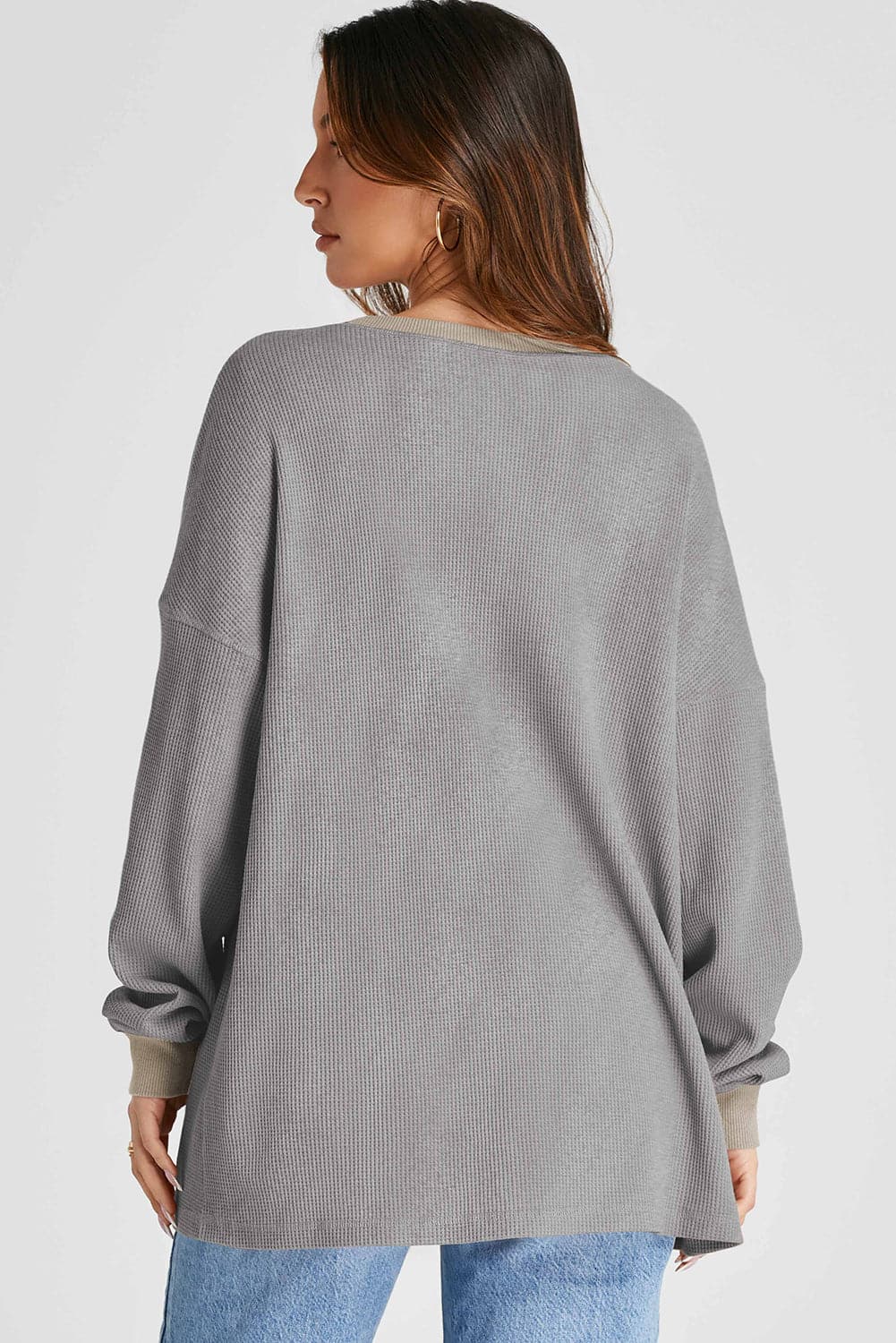 Waffle-Knit Long Sleeve Sweatshirt.