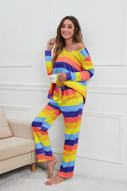 Striped Long Sleeve Lounge Set with Drawstring Pants and Round Neck Top