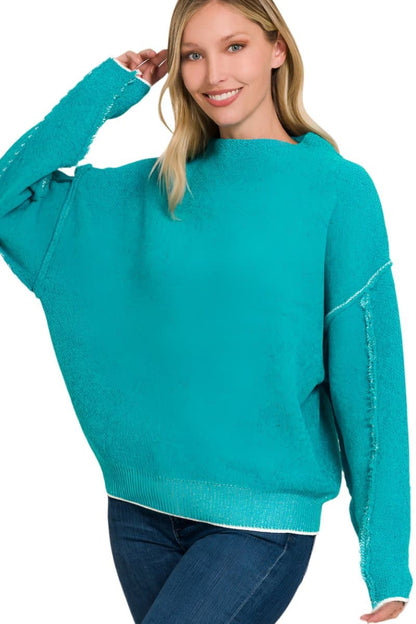 Zenana Exposed Seam Mock Neck Long Sleeve Sweater.