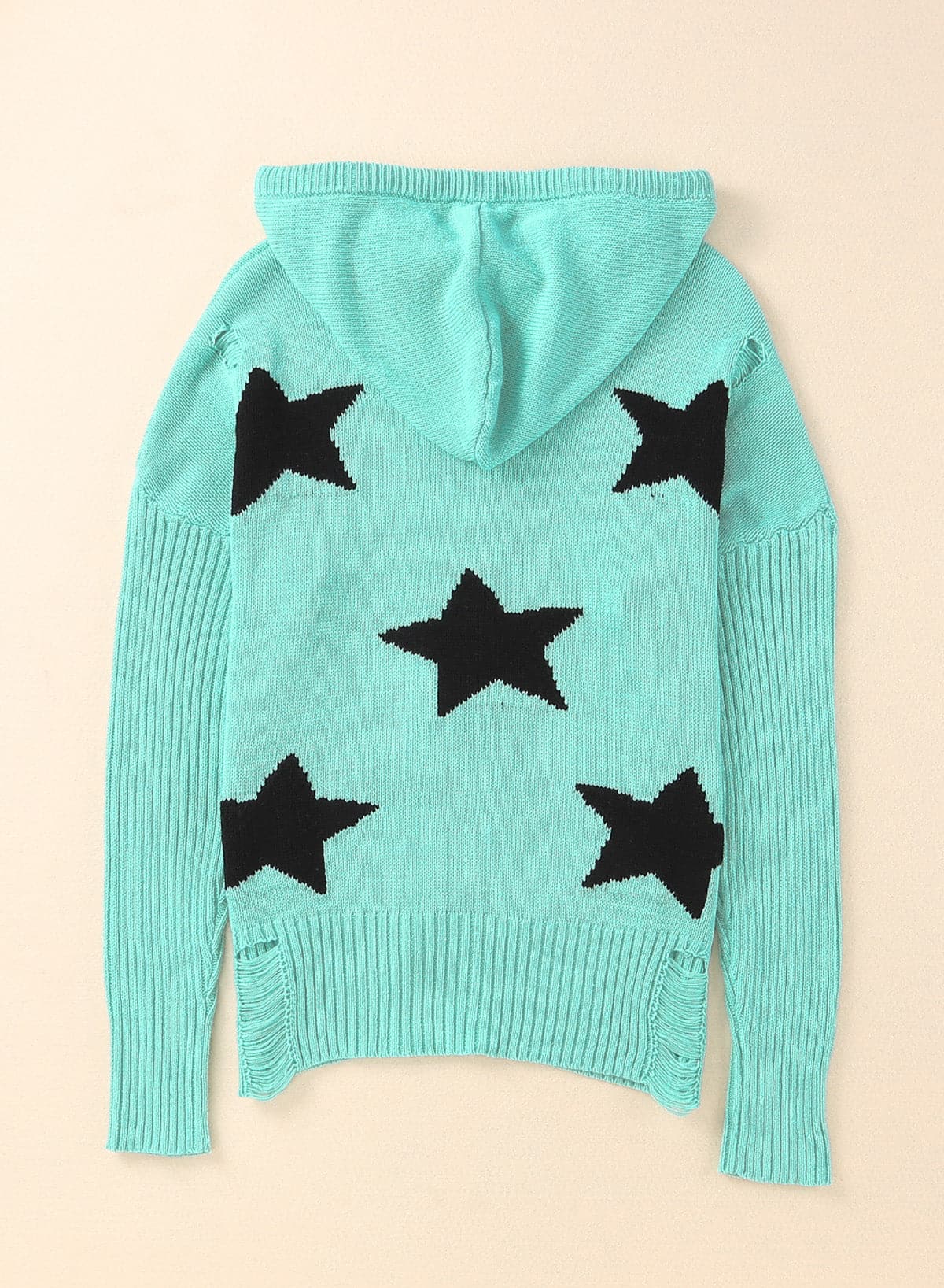 Woven Right Star Distressed Slit Hooded Sweater.