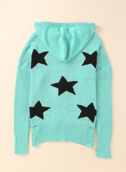 Woven Right Star Distressed Slit Hooded Sweater.