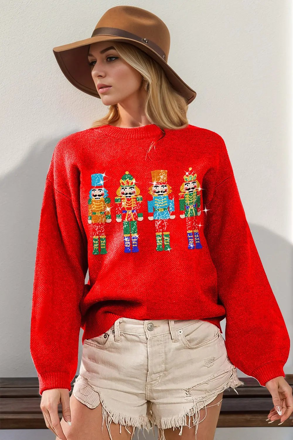 Double Take Full Size Sequin Nutcracker Long Sleeve Sweater - Love Salve