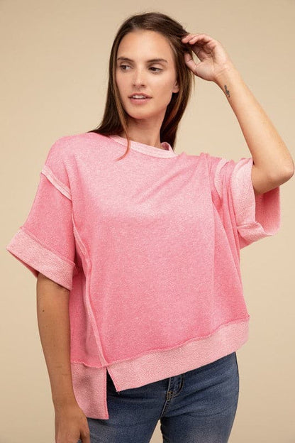 Contrast Trim Top Stitching Drop Shoulder Top.