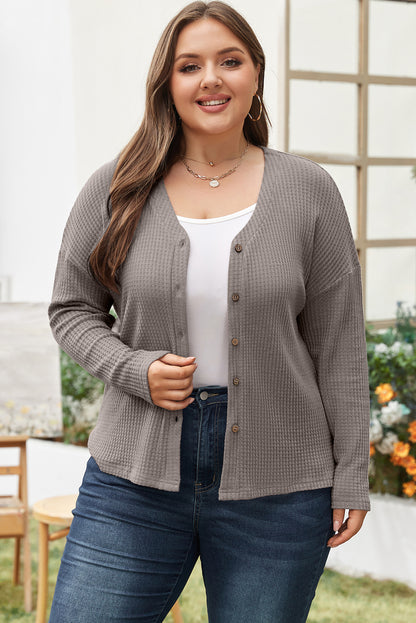 Cozy taupe waffle knit plus size V-neck top with button details