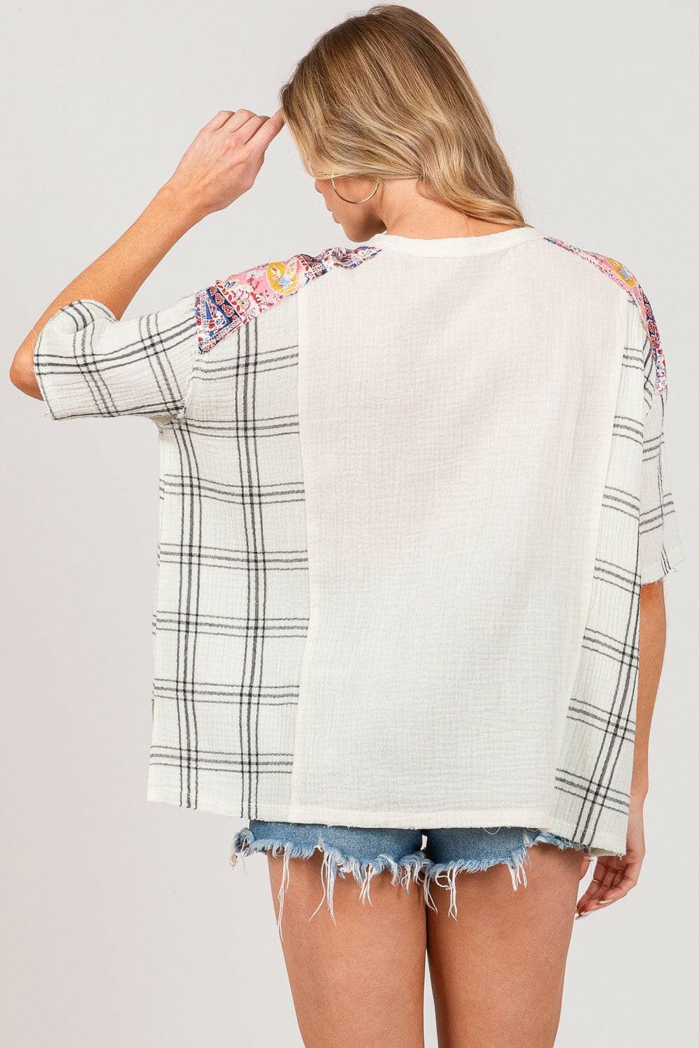 SAGE + FIG Plaid Half Button Gauze Top.