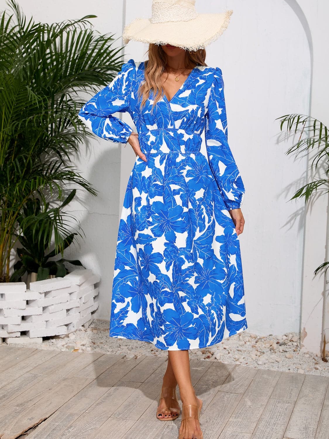 Printed Surplice Long Sleeve Midi Dress.