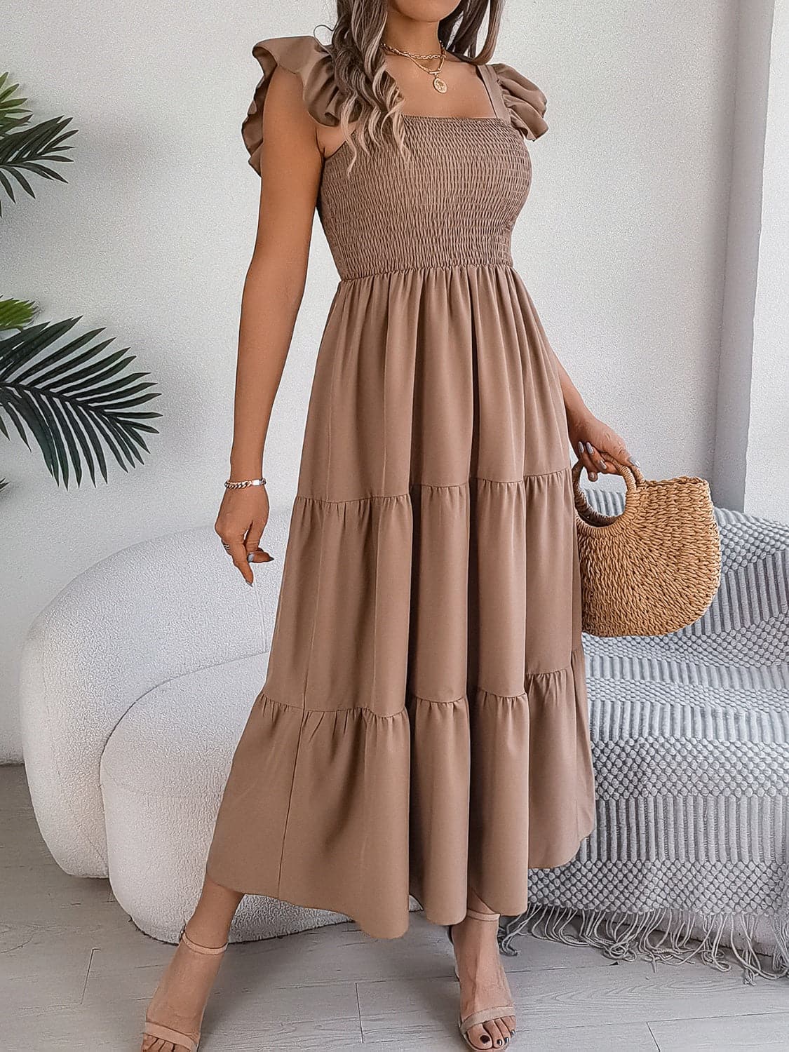 Smocked Square Neck Cap Sleeve Midi Dress.