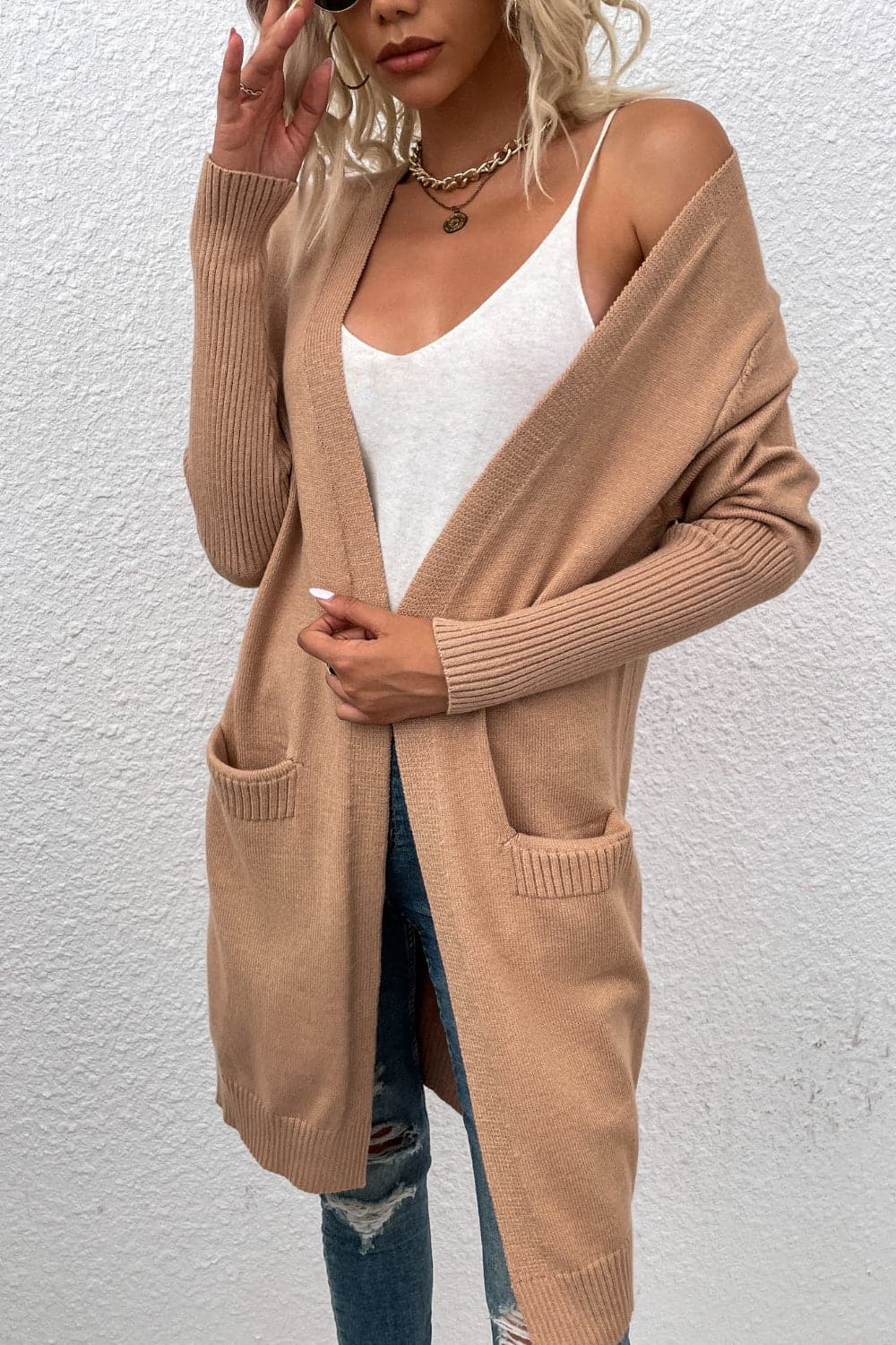 Open Front Long Sleeve Cardigan with Pockets.