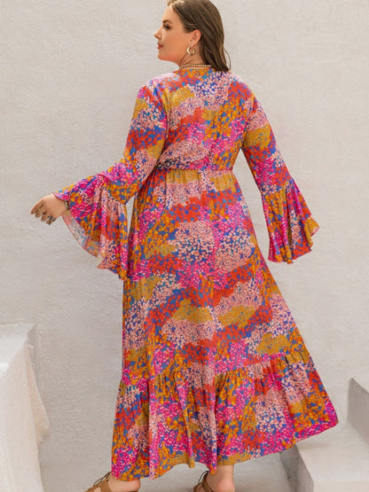 Plus Size Printed V-Neck Long Sleeve Maxi Dress.