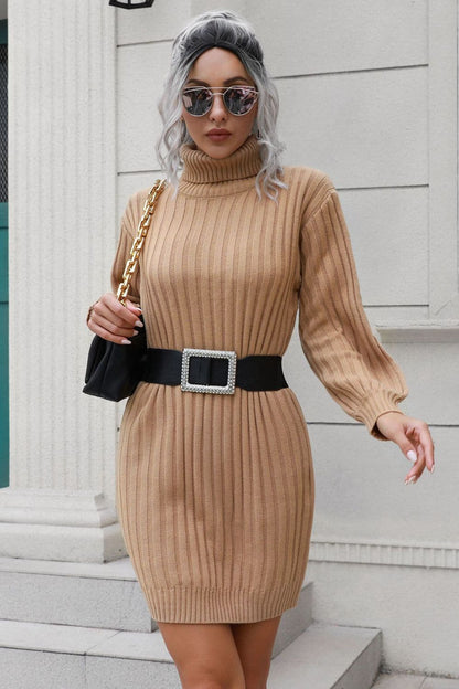 Ribbed Turtle Neck Long Sleeve Mini Sweater Dress.