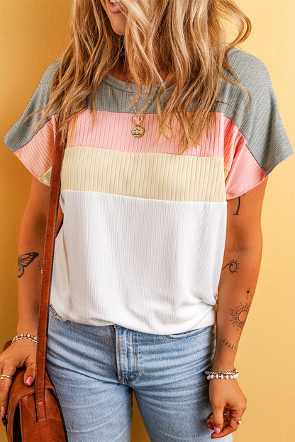 Chic white ribbed color block tee with patchwork design