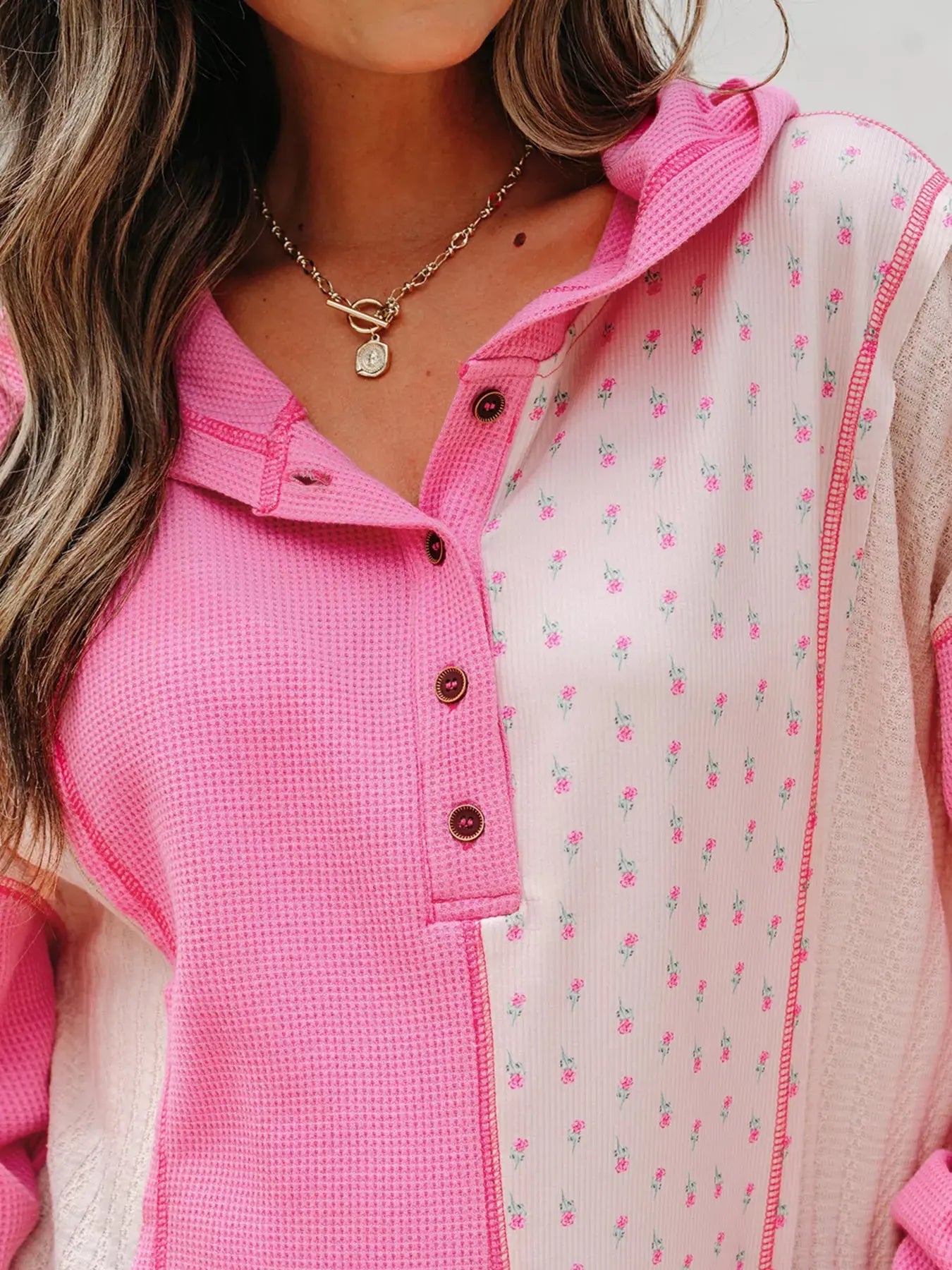 Mixed Texture Waffle Floral Patchwork Hooded Oversize Pullover Simply Love
