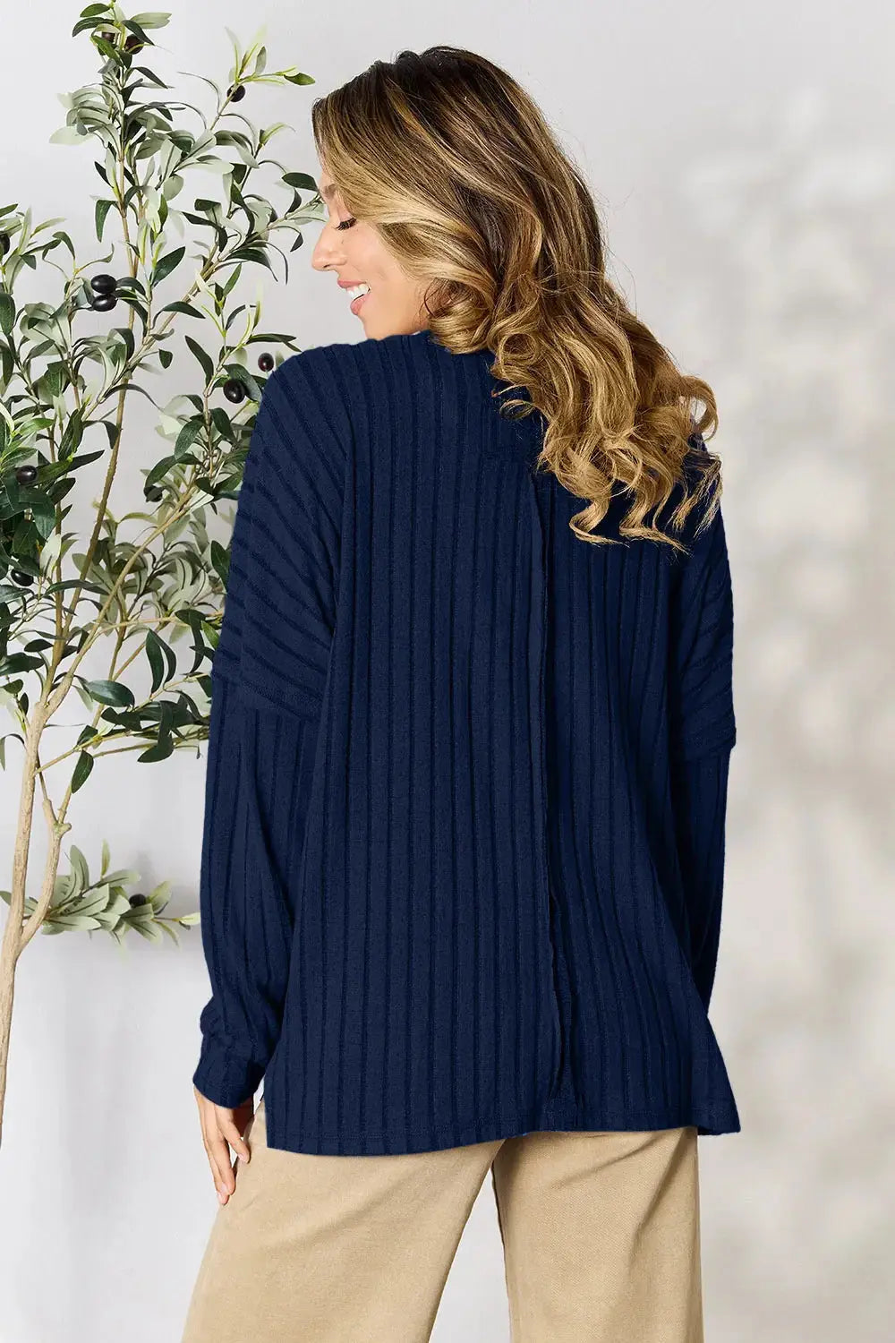 Basic Bae Full Size Ribbed Round Neck Slit Knit Top - Love Salve